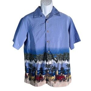 FIRST WAVE Men's Short Sleeve Button Down Beach Scene‎ Purple Size 16